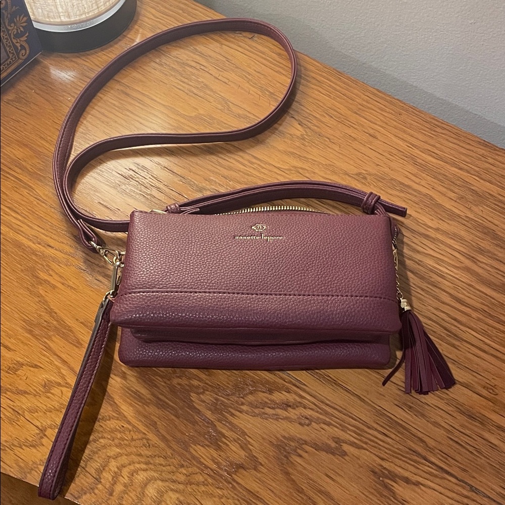 Nanette Lepore Crossbody Wristlet Purse Bag Burgundy with Gold Accents
